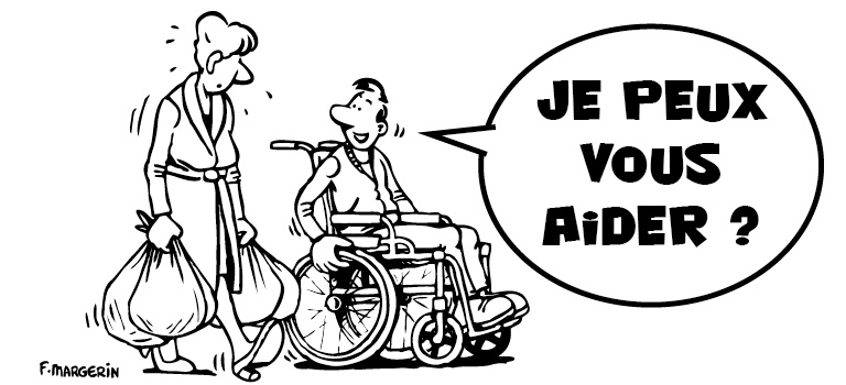 Une femme marche avec des valises. Je peux vous aider ? lui dit l'homme en fauteuil roulant